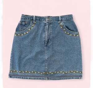 Coachella Vintage Que Pasa Embroidered Floral Denim Mini Skirt Size 9/10
